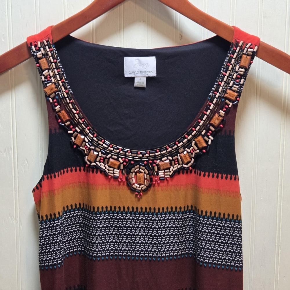 Donna Morgan Dress Womens 4 Multicolor Stripe Beaded Maxi Sleeveless Scoop Neck